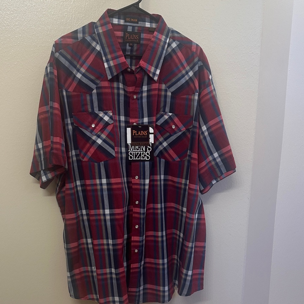 3XL Plains Red and Blue Plaid Men's western Shirt